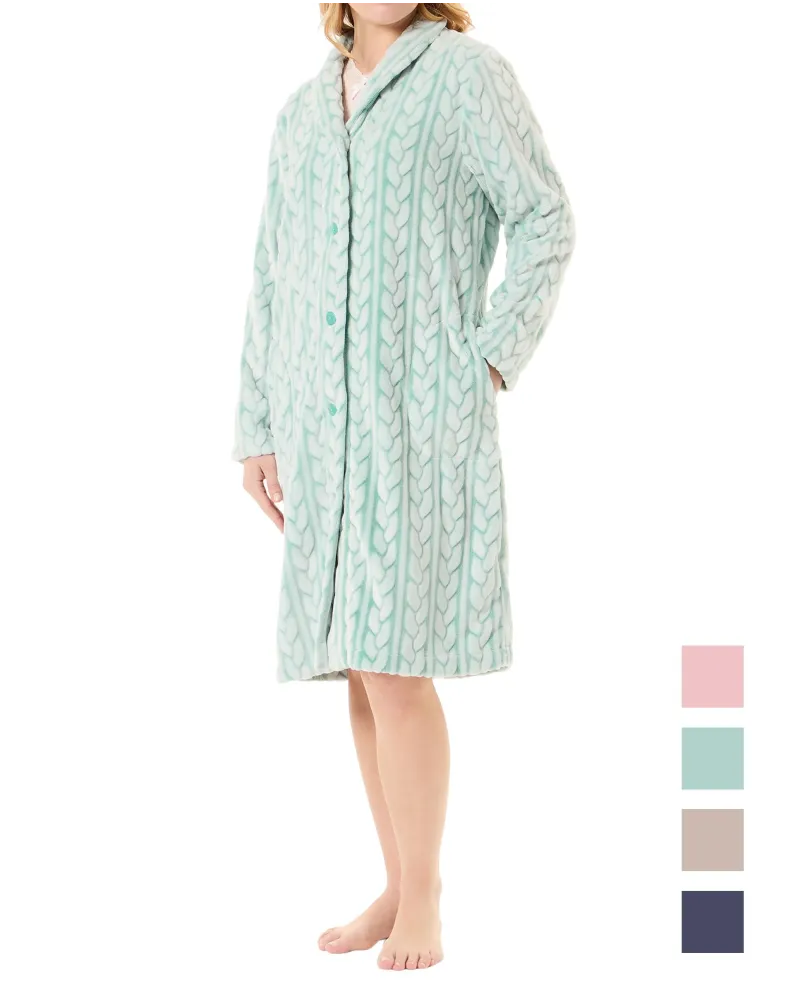 Women's long winter coat in green jacquard braided jacquard with side pockets