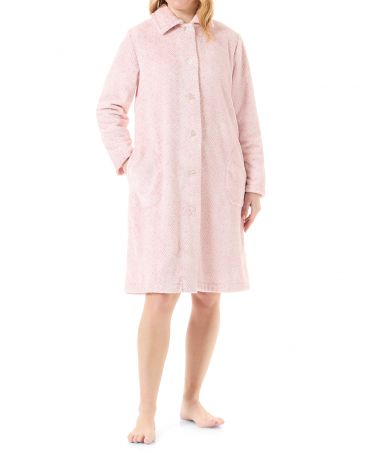 Woman in pink herringbone woven winter long dressing gown