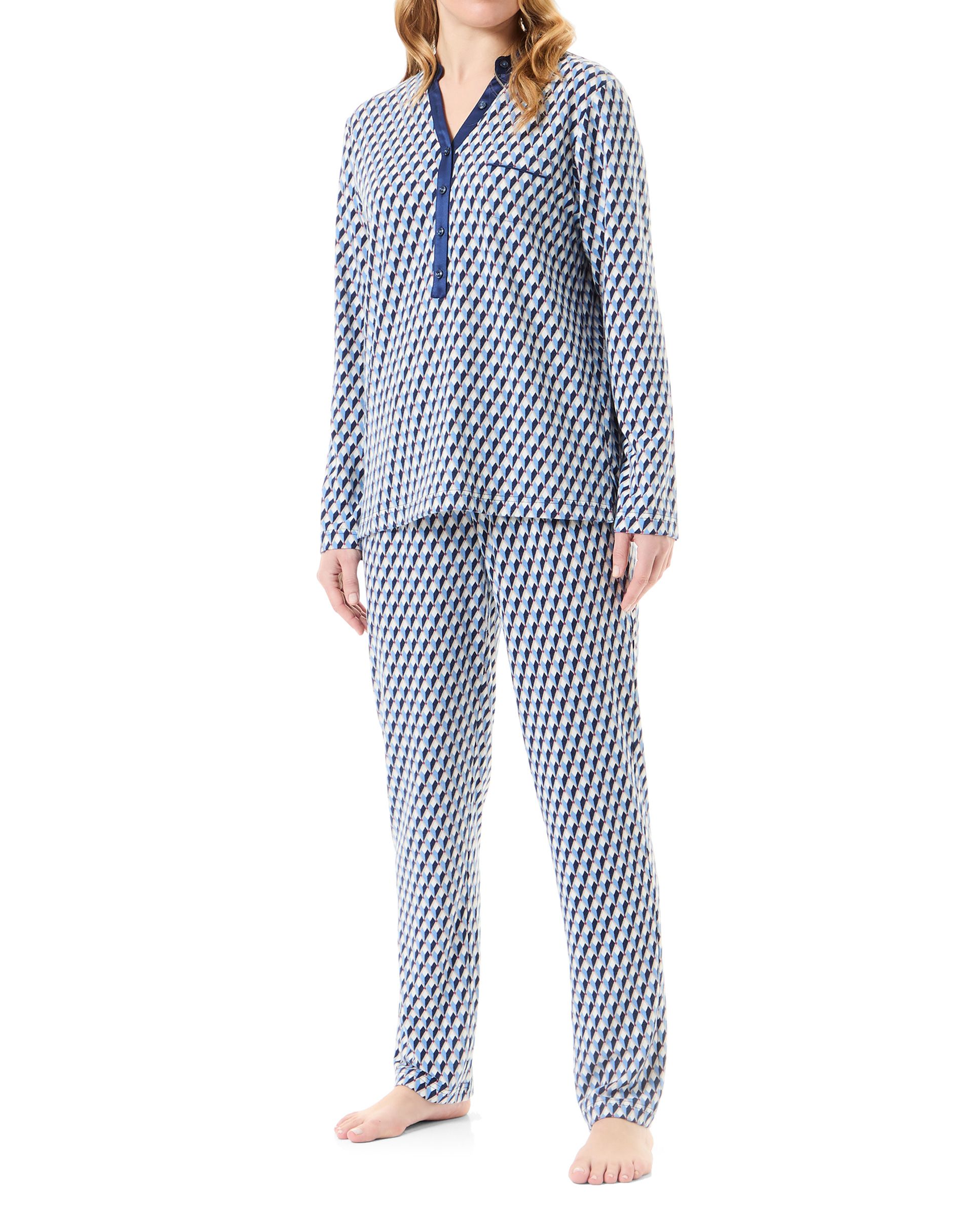 Women's long pyjamas with diamond pattern, V-neck