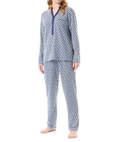 Women's long pyjamas with diamond pattern, V-neck