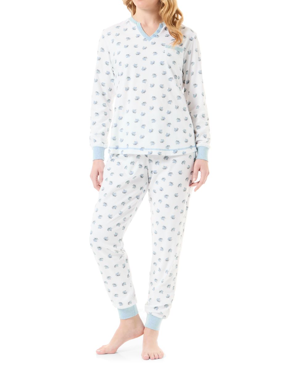 Women's long-sleeved winter pyjamas with cuffs and leaf print