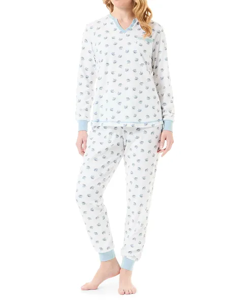 Women's long-sleeved winter pyjamas with cuffs and leaf print