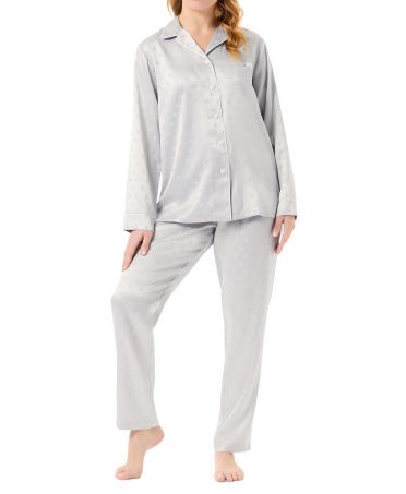 Woman in long open satin jacquard pyjamas