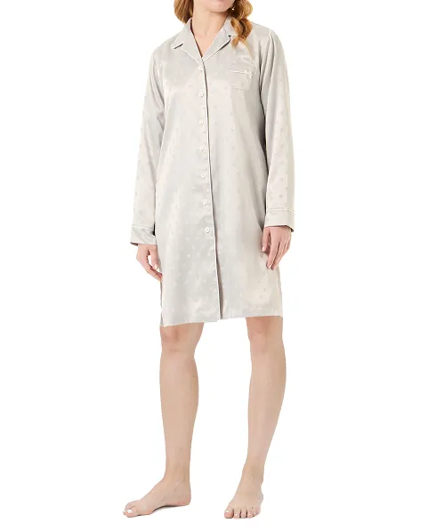 Woman with long satin jacquard nightgown silver gray