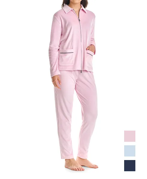 Women's pink velour tracksuit open with zip and pockets