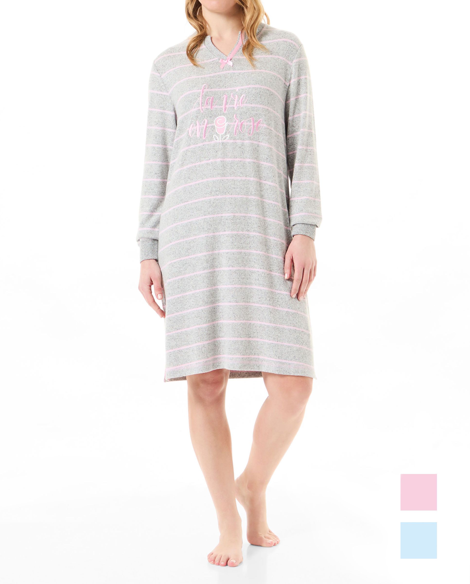 Woman with long sleeve nightgown vigore pink stripes and embroidery