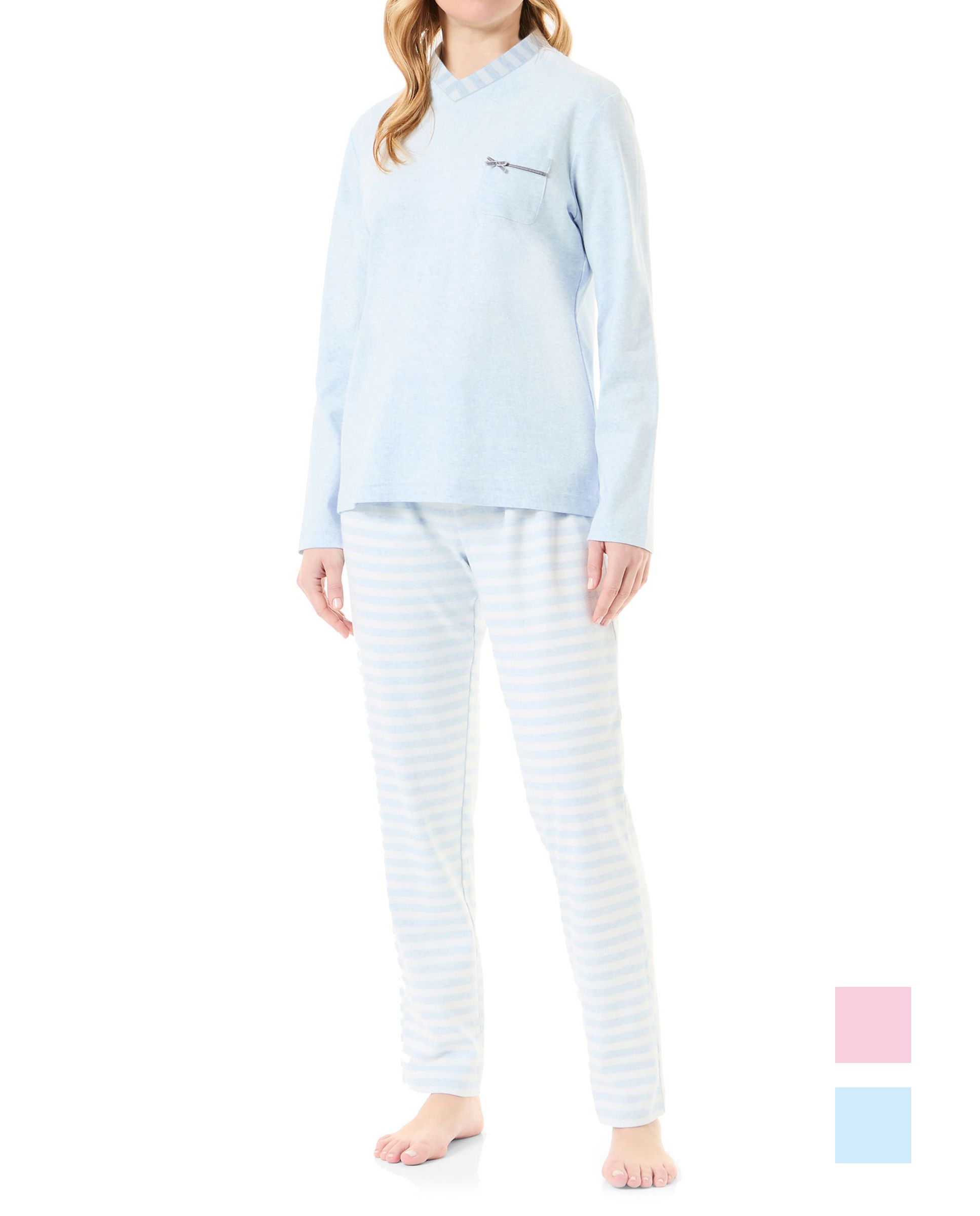 Women's long pyjamas plain jacket light blue V-neck vigore stripes