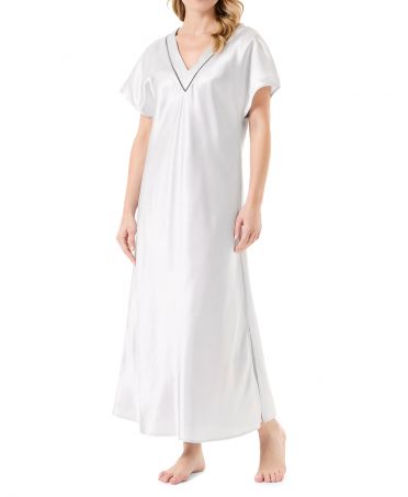 Long grey satin nightdress with V-neck and contrasting velvet trim and bow.