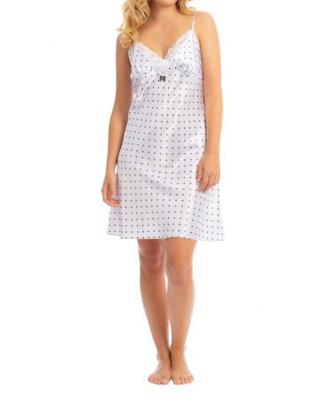 Women's white short nightdress in satin with polka dot pattern and lace