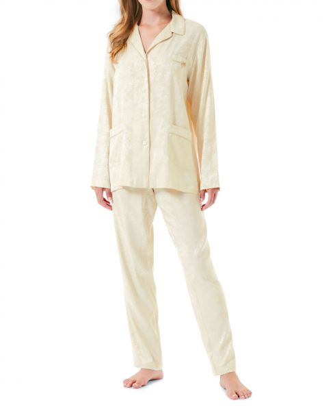 Women's long shirt-style pyjamas in cava jacquard fabric, open jacket with buttons, piping, pockets and long trousers.