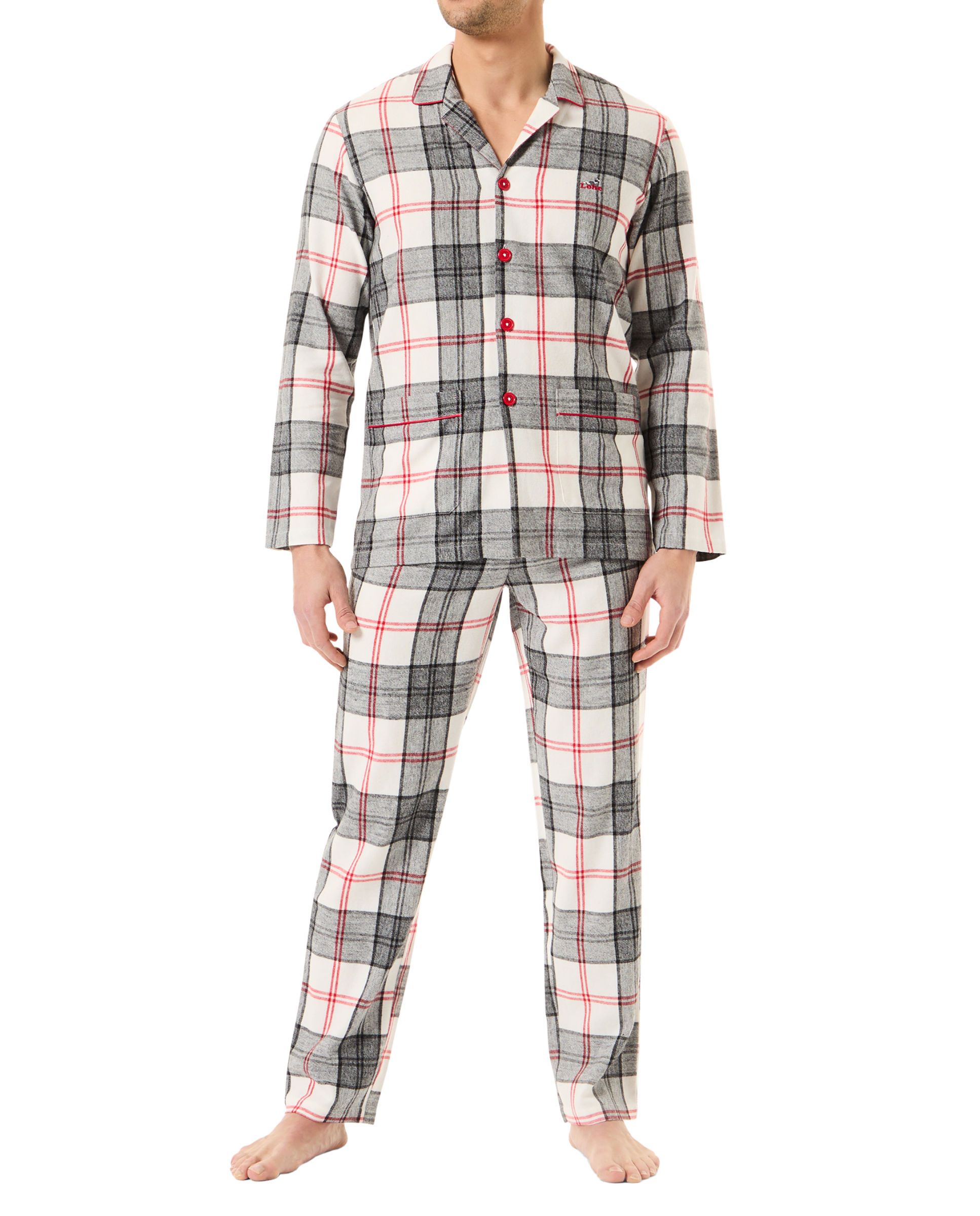 Man in open checkered winter pyjamas