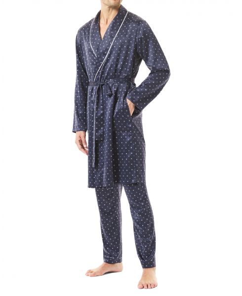 Men's short blue satin double-breasted coat with Christmas polka dot pattern, pockets and contrasting piping detail.