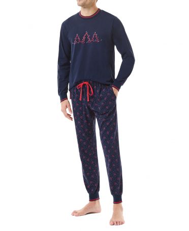 Men's long-sleeved pyjamas with Christmas motifs, round-necked jacket with embroidery and trousers with pockets.