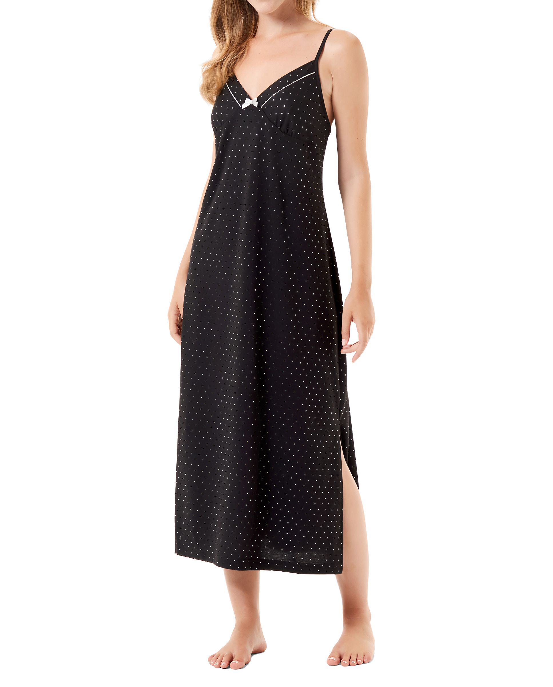 Long black strapless nightdress with V-neckline and silver polka dots, bow detail and silver piping