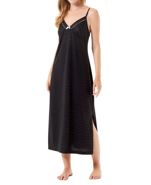 Long black strapless nightdress with V-neckline and silver polka dots, bow detail and silver piping