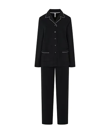 Women's long pyjamas, open jacket with buttons, piping on lapel, plaston pockets, long trousers.