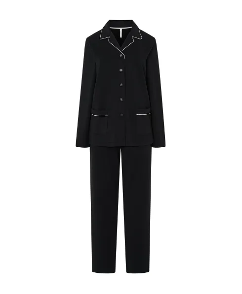 Women's long pyjamas, open jacket with buttons, piping on lapel, plaston pockets, long trousers.