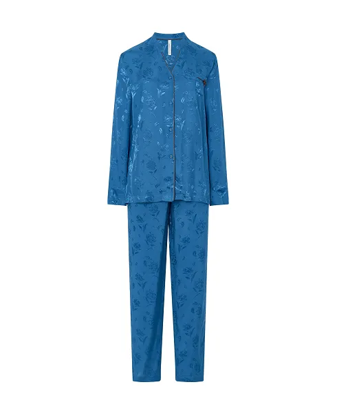 Women's long pyjamas, open jacket with buttons and piping, long trousers with satin bow.