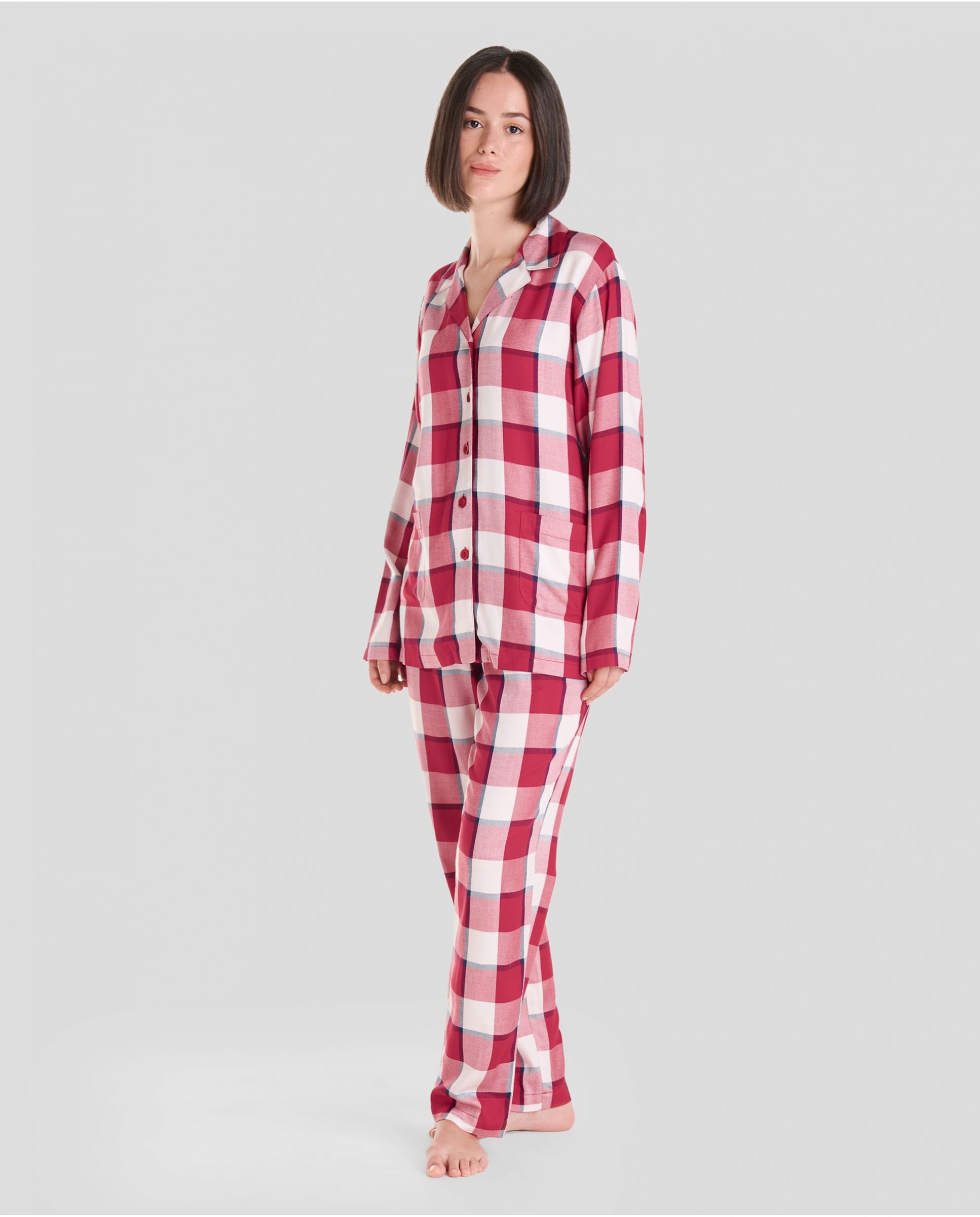 Women's long winter pyjamas with red check print shirt pyjamas