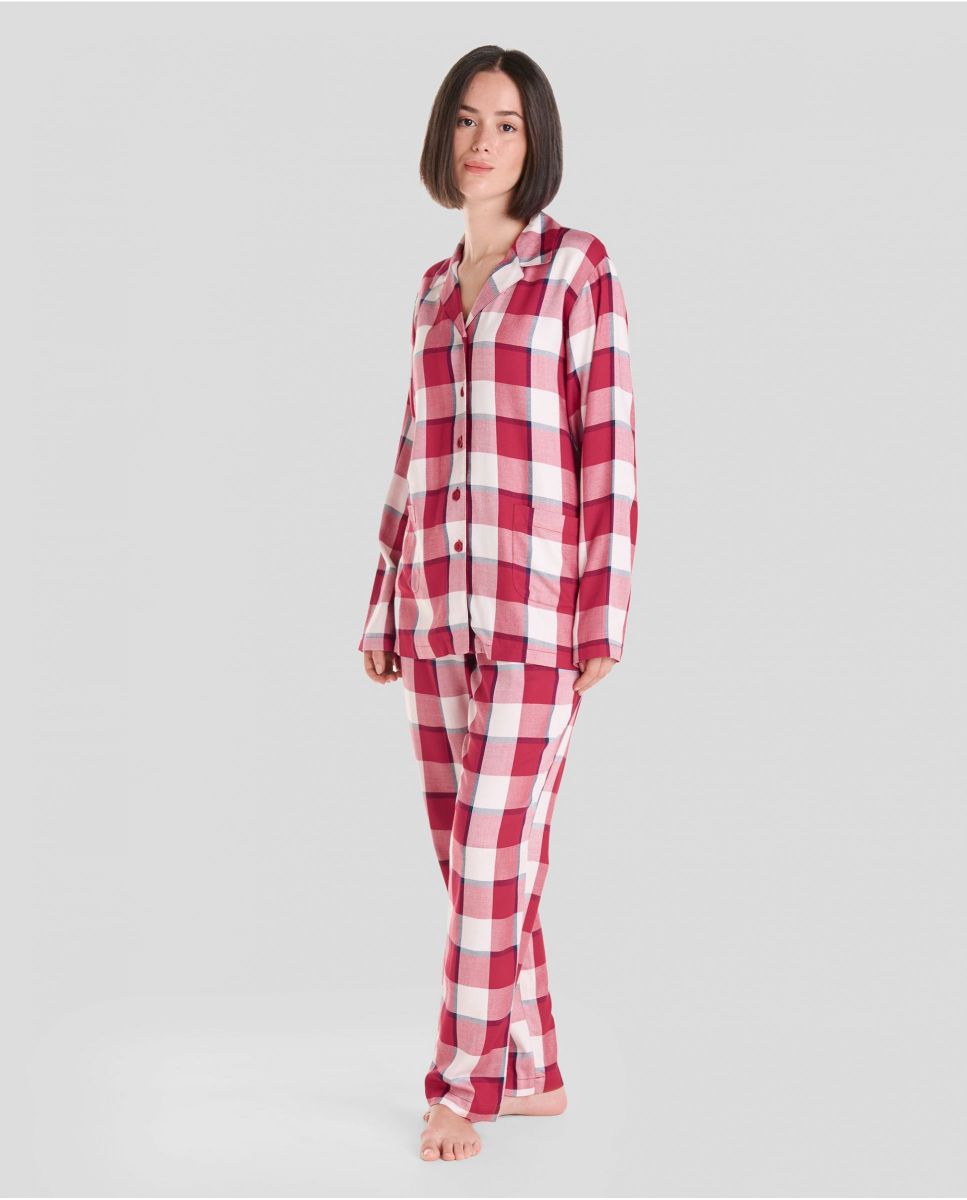 Women's long winter pyjamas with red check print shirt pyjamas