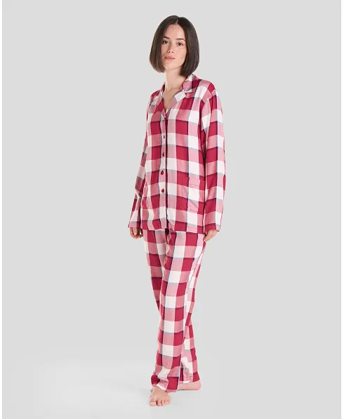 Women's long winter pyjamas with red check print shirt pyjamas