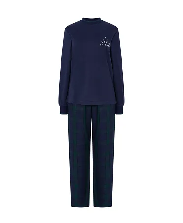 Women's long pyjamas, plain top with embroidery, elasticated cuffs and collar, long trousers in check print with satin bow.