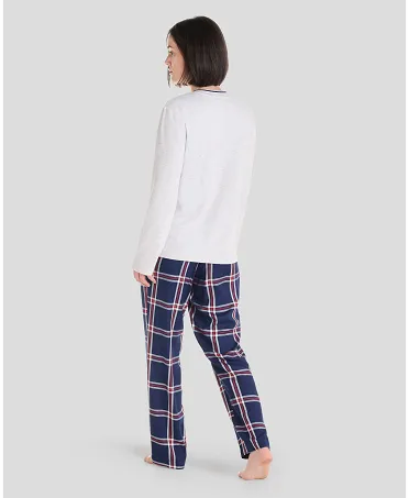 Rear view of women's winter pyjamas with light grey T-shirt and navy checked trousers