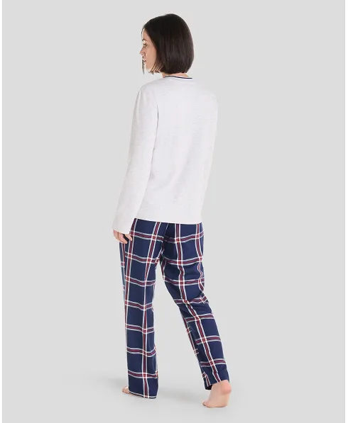 Rear view of women's winter pyjamas with light grey T-shirt and navy checked trousers