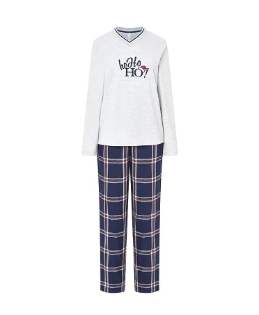 Women's long pyjamas, plain top with embroidery, elasticated V-neck, long trousers in check print with satin bow.