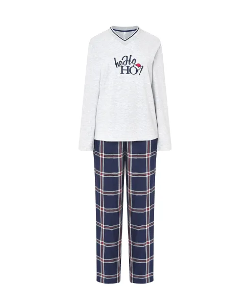 Women's long pyjamas, plain top with embroidery, elasticated V-neck, long trousers in check print with satin bow.