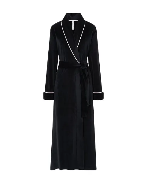 Women's long gown, velvet fabric, double breasted with piping on lapel, pockets, belt and long sleeves.