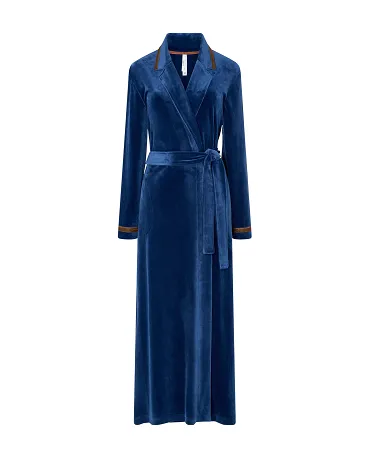 Lohe women's long coat, velvet fabric, double breasted with piping on lapel, pockets, belt and long sleeves.