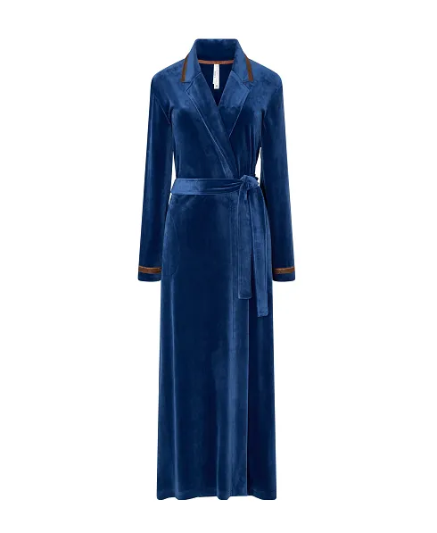 Lohe women's long coat, velvet fabric, double breasted with piping on lapel, pockets, belt and long sleeves.