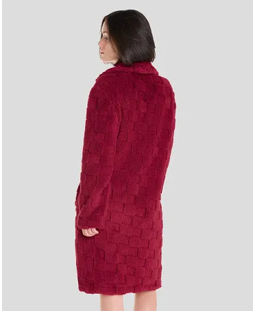 Rear view of women's jacquard checkered winter short dressing gown red