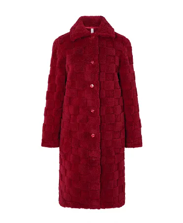 Women's short dressing gown, plain check fabric, long sleeves, buttoned with side pockets.