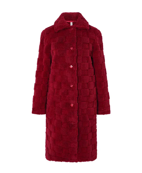 Women's short dressing gown, plain check fabric, long sleeves, buttoned with side pockets.