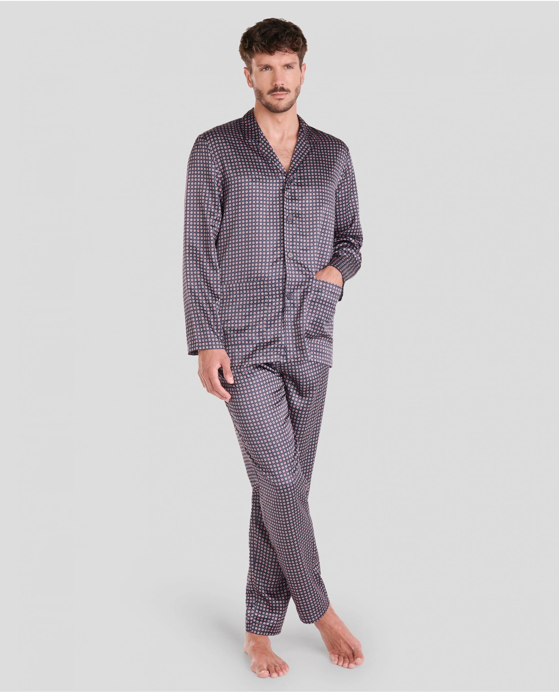 Man in open winter pyjamas satin shirtdress