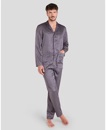 Man in open winter pyjamas satin shirtdress