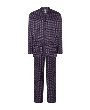 Men's long pyjamas, satin printed fabric, open jacket with buttons, lapel, plaston pockets and long trousers.