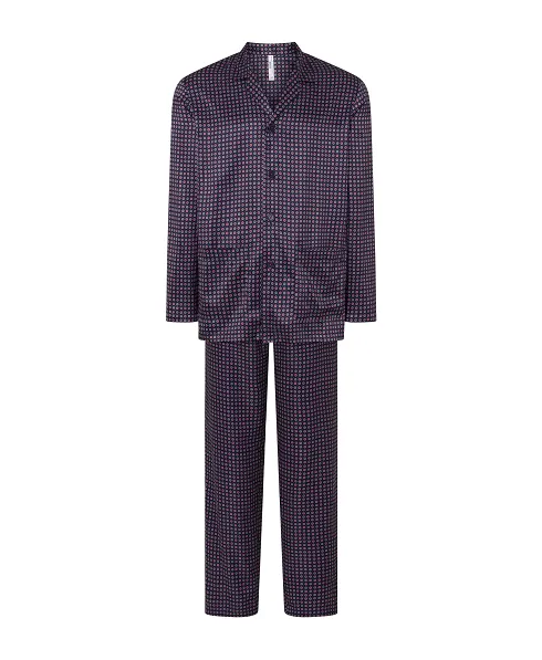 Men's long pyjamas, satin printed fabric, open jacket with buttons, lapel, plaston pockets and long trousers.