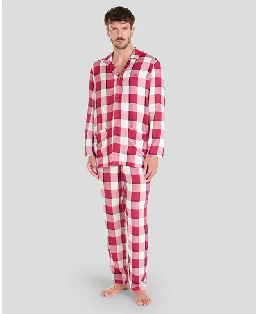 Men's long red checked winter shirt pyjamas