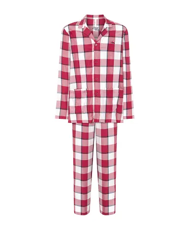 Men's long pyjamas, check print, open jacket with buttons, plaston pockets and long trousers.