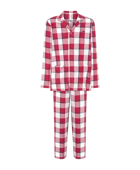 Men's long pyjamas, check print, open jacket with buttons, plaston pockets and long trousers.