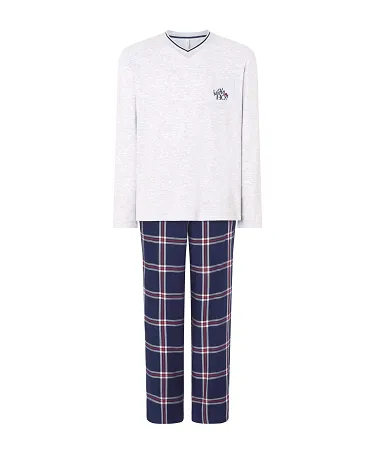 Men's long pyjamas, plain top with embroidery, elasticated V-neck, side slits and long trousers with check print.