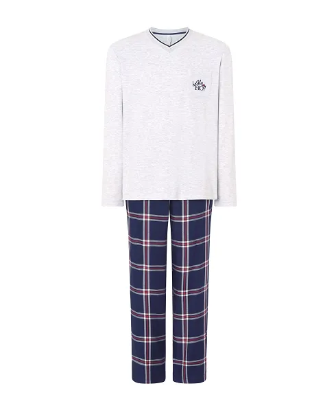 Men's long pyjamas, plain top with embroidery, elasticated V-neck, side slits and long trousers with check print.