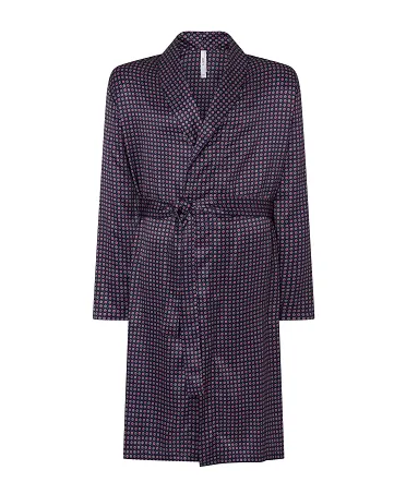 Men's short dressing gown, printed satin fabric, dinner jacket lapel, with side pockets and belt.