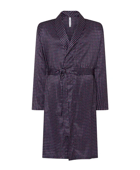 Men's short dressing gown, printed satin fabric, dinner jacket lapel, with side pockets and belt.