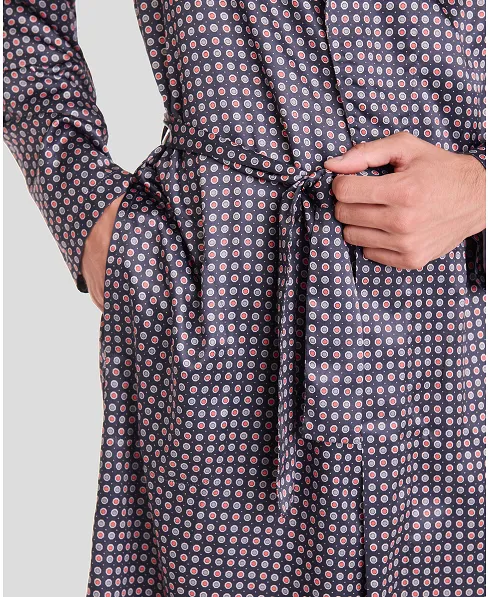 Detail view of Christmas short dressing gown with polka dot satin print belt