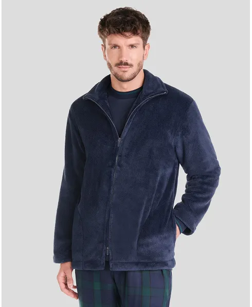 Man in blue short winter coat with zip and pockets