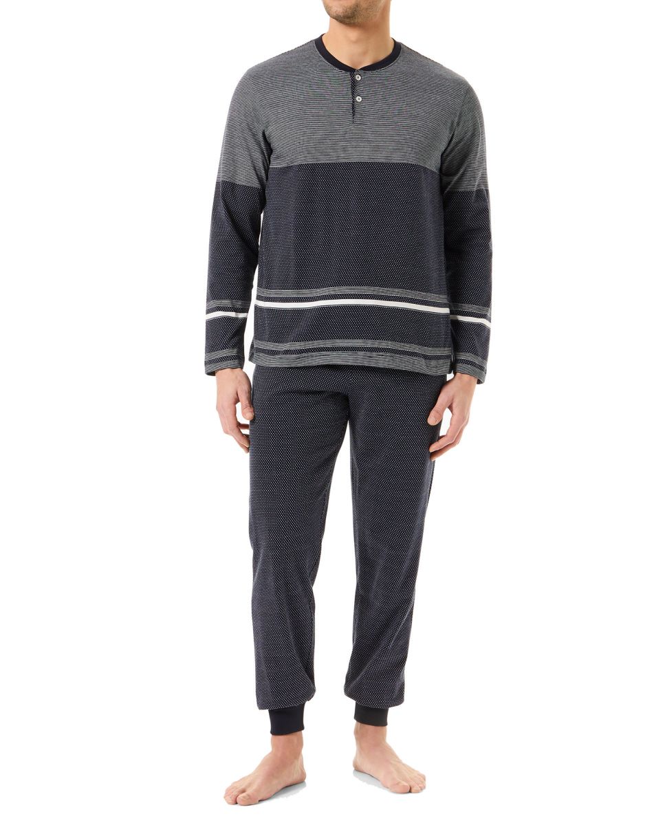 Man with navy striped long winter pyjamas